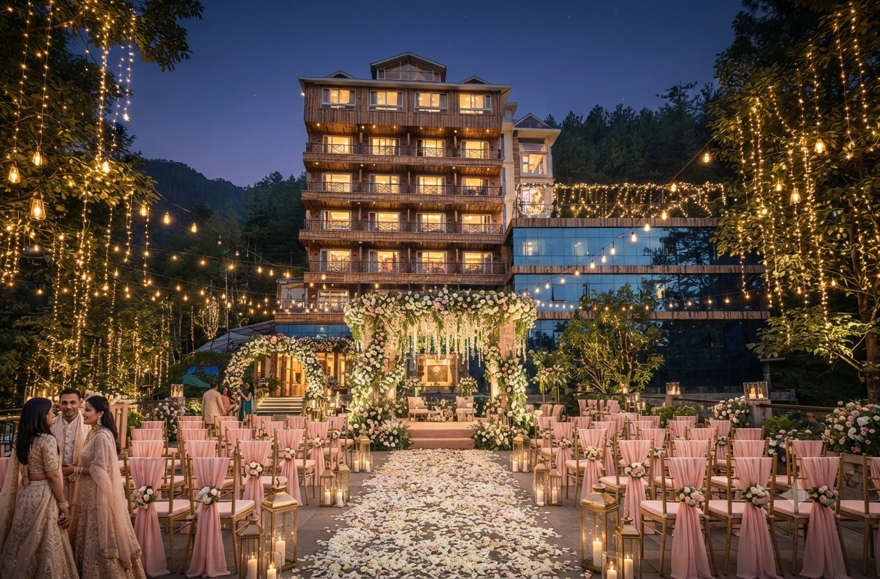 The banquet hall set for a celebration